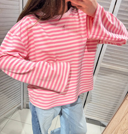 Gestreiftes T-Shirt mit weiten Ärmeln: Rosa / Eine Größe