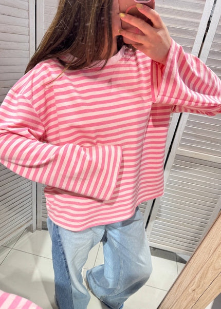Gestreiftes T-Shirt mit weiten Ärmeln: Rosa
