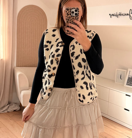 Teddyweste mit Taschen im Leopardenmuster: Écru