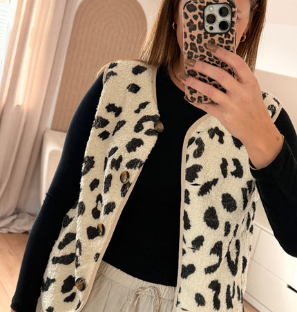 Teddyweste mit Taschen im Leopardenmuster: Écru