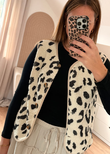 Teddyweste mit Taschen im Leopardenmuster: Écru