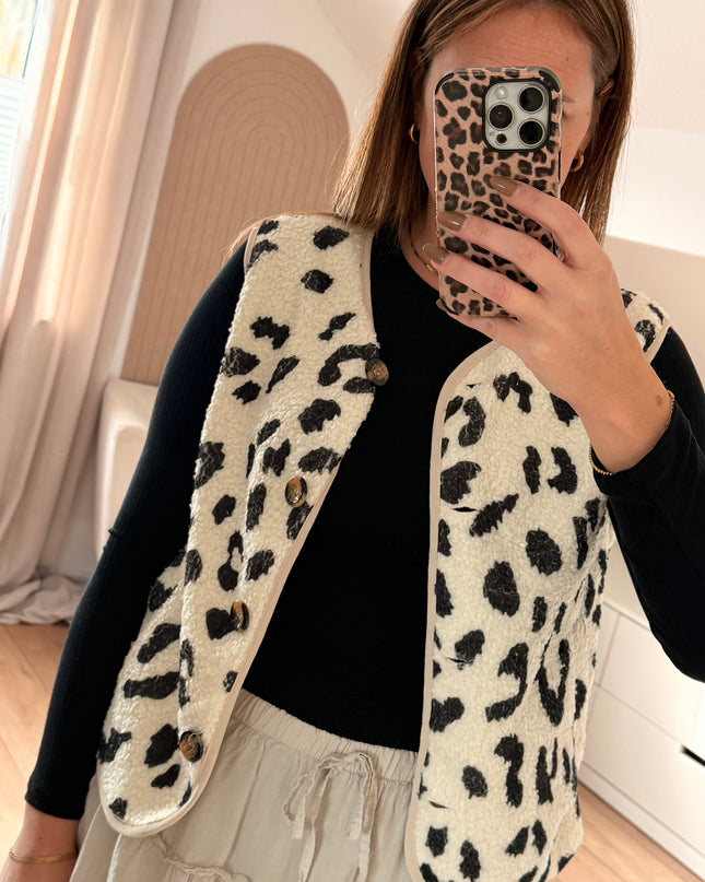 Teddyweste mit Taschen im Leopardenmuster: Écru