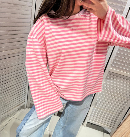 Gestreiftes T-Shirt mit weiten Ärmeln: Rosa / Eine Größe