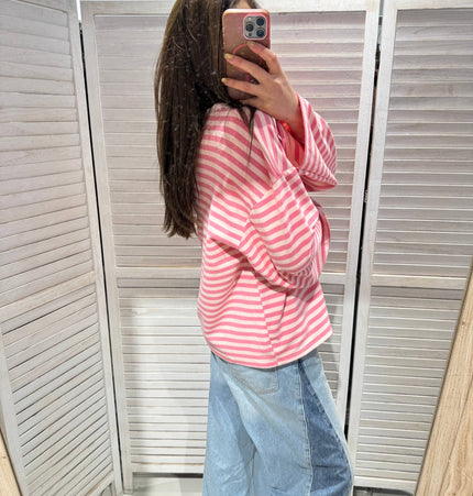Gestreiftes T-Shirt mit weiten Ärmeln: Rosa / Eine Größe